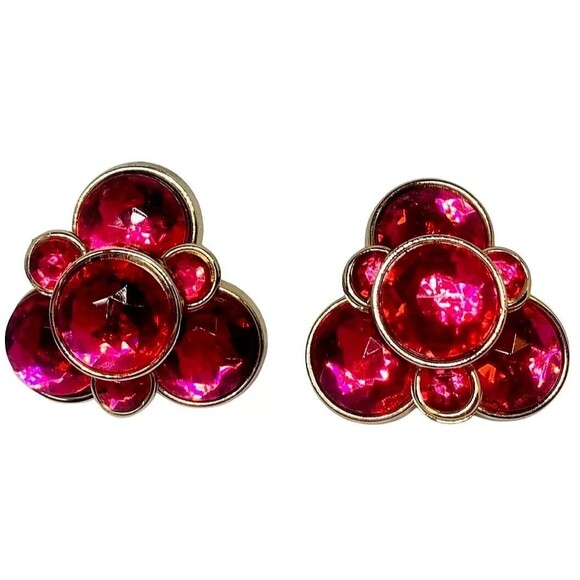 Hot Pink Large Statement Earrings 1.5" Rhinestone Clip On Pop Art Bold - Picture 14 of 14